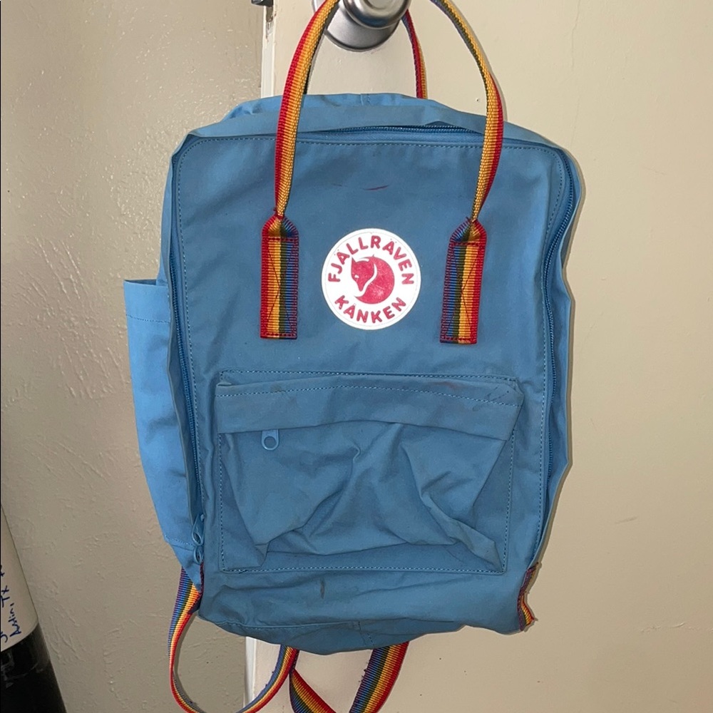 Kånken Blue Backpack with Rainbow Straps